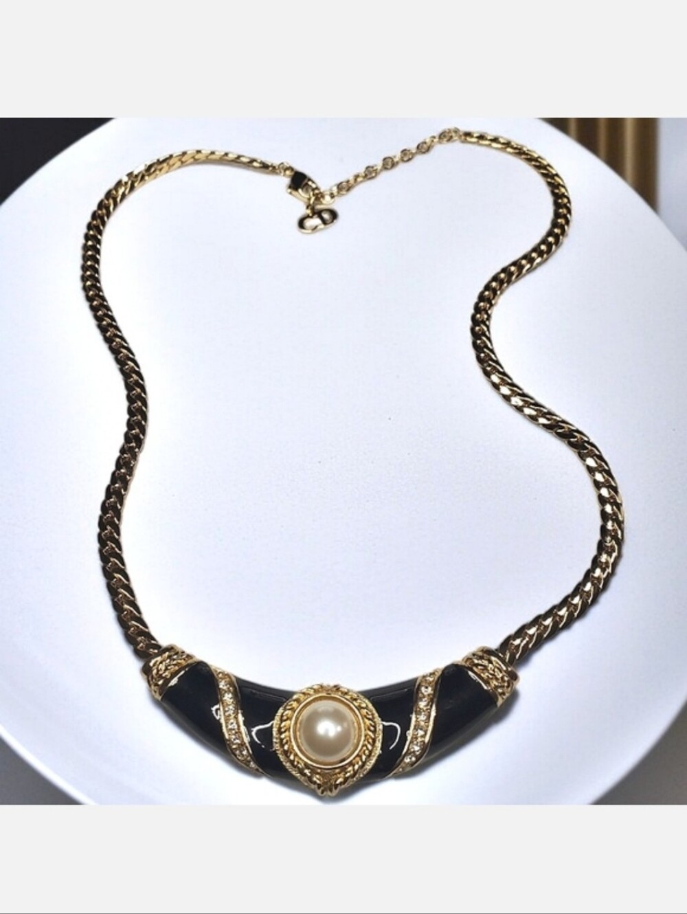 Dior Vintage 1980's 18k Gold Plated Enamel Crystal Pearl Necklace
